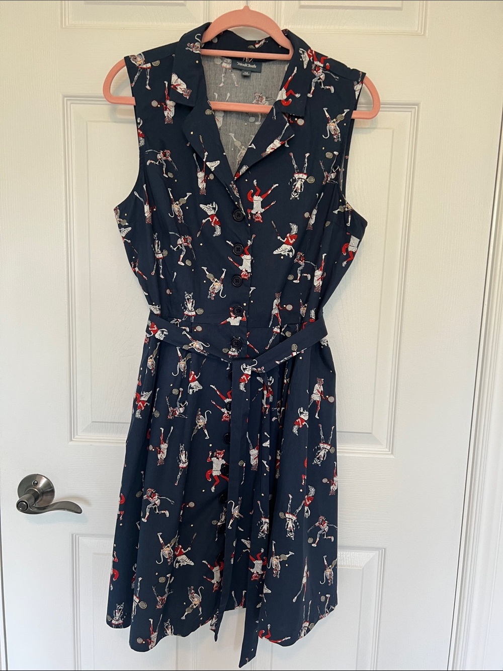 ModCloth Navy Blue Sleeveless Button-Front Dress with Red & White Skater Print